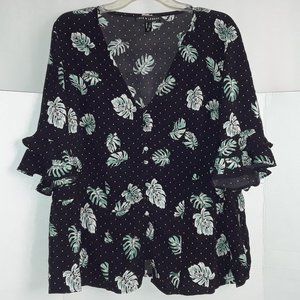 Love & Legend, Botanical, V-Neck, Button Down, Short Sleeve Blouse